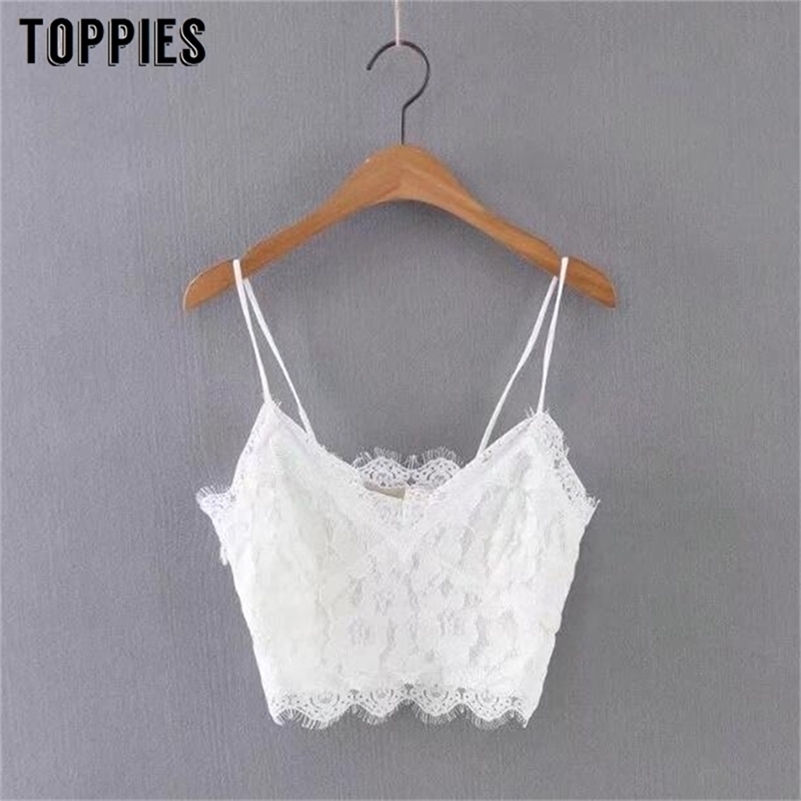 Toppies Women Summer Mint Green Solid Color Lace Crop Tops V-neck Sexy Strap Bra Camis 210625