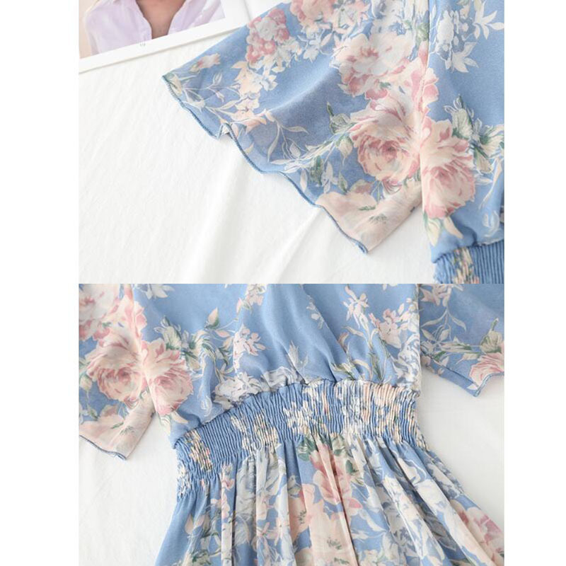 Summer Dress Women's Short sleeve Chiffon Dress V-neck Elastic Waist Floral Print Beach Long Dresses Backless Sexy Vestidos 210521