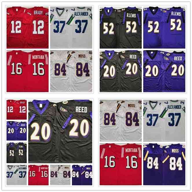 GoodNcaa football jerseys 84 moss 12 BRADY 37 ALEXANDER 6 MONTANA 52 LEWIS 20 REED puple black red white mens jersey all stitched