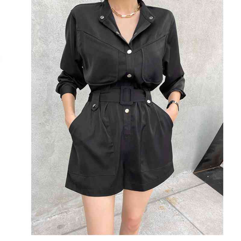 Fashion Elegant Belted Single-breasted Women Short Jumpsuit Stand Collar Long Sleeve Office OL Slim Romper Overalls 210519