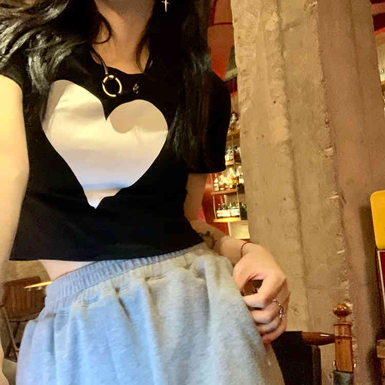 2Colors Summer korean style Big Love Short Sleeve t-shirt Womens Slim Cropped tops Tees shirt femme (F4279) 210423