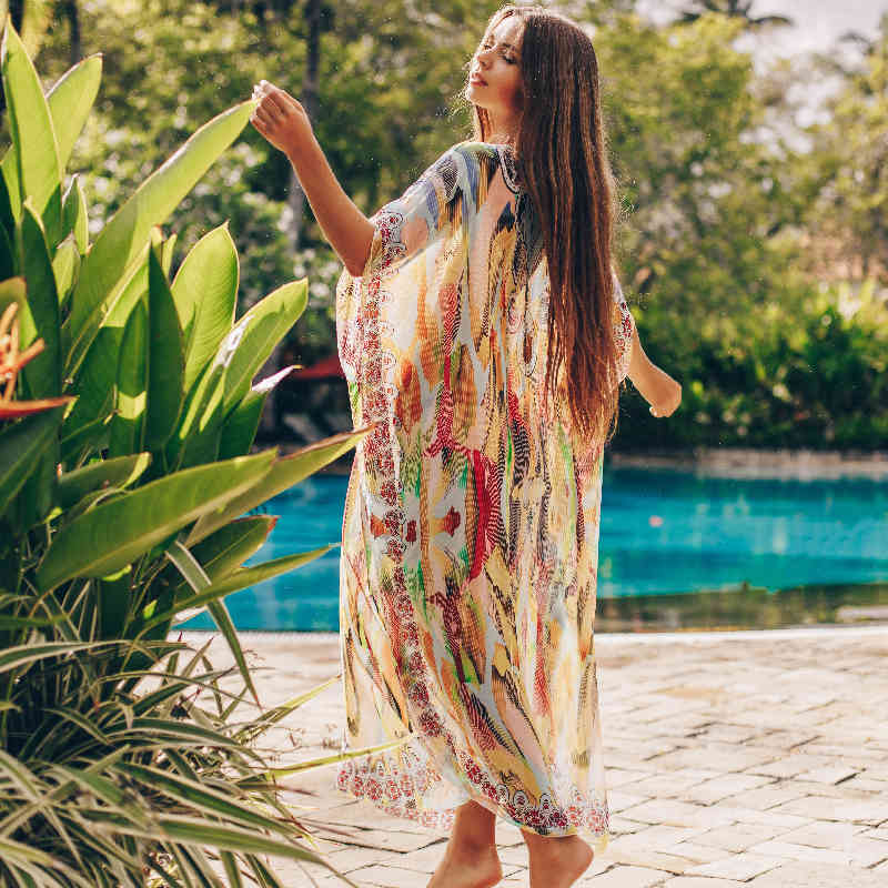 Bohemian Printed Summer Beach Dresses Chiffon Tunic Women Plus Size Wear Swim Suit Cover Up Sarongs Plage pareos Q678 210420