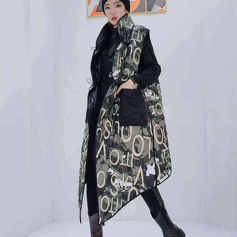 XITAO Print Pattern Vest Women Fashion Pocket Goddess Fan Single Breast Autumn Letter Sleeveless Minority GWJ1269 211120