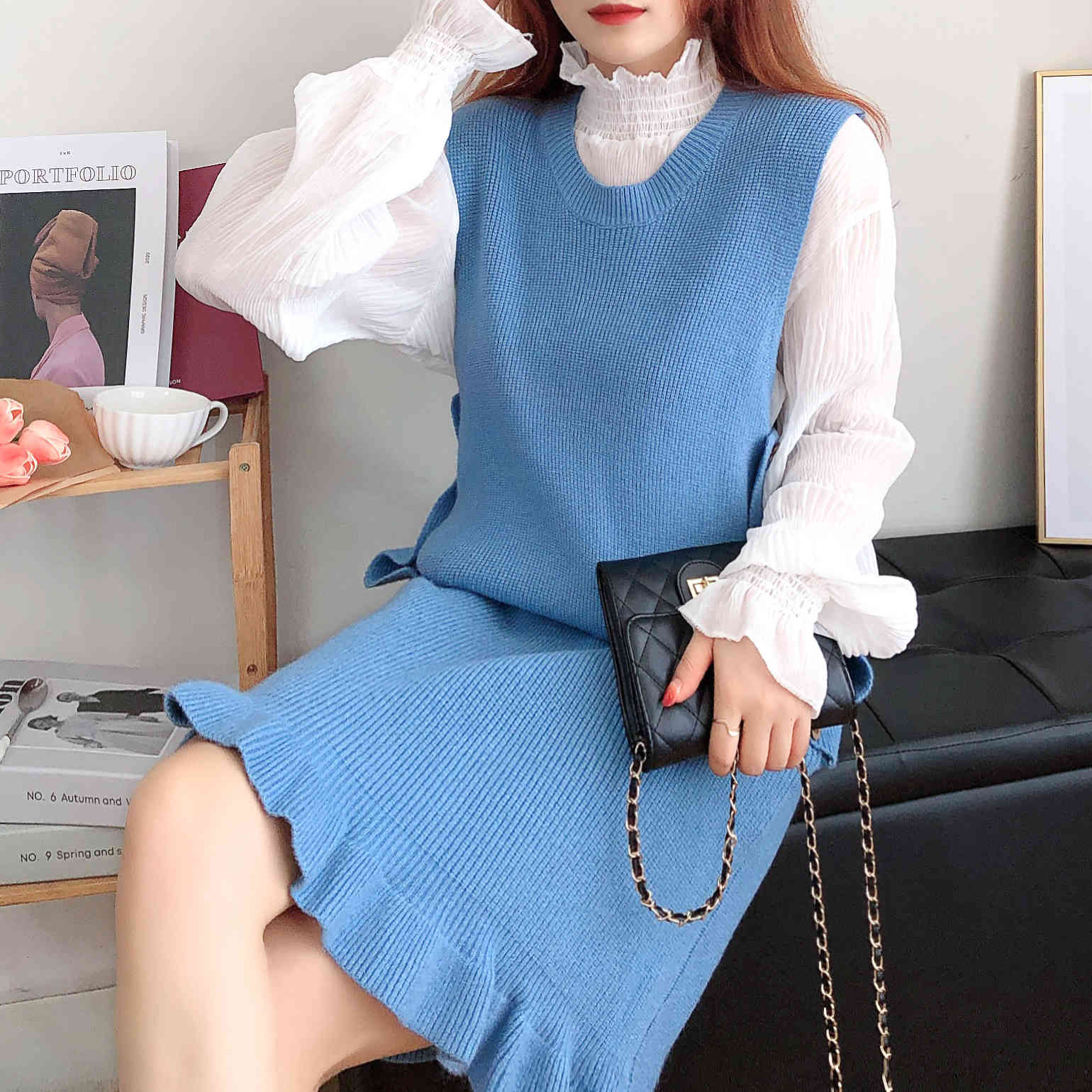 Knitted Two Pieces Set Women Autumn Winter Casual Suit Knit Vest Ruffle Dress White Mesh Blouse Korean Chic Ladies Sets 210519