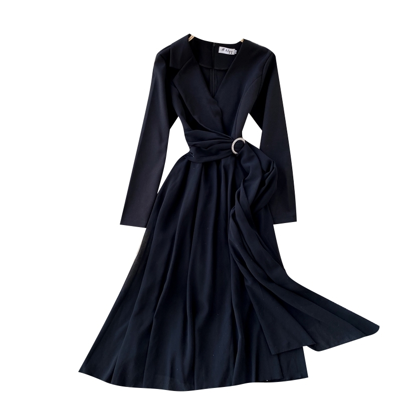 LoveFlowerLife Autumn Winter Vintage V Neck Long Sleeve High Waist Dress Solid Elegant Fashion Women Party Dresses 210521