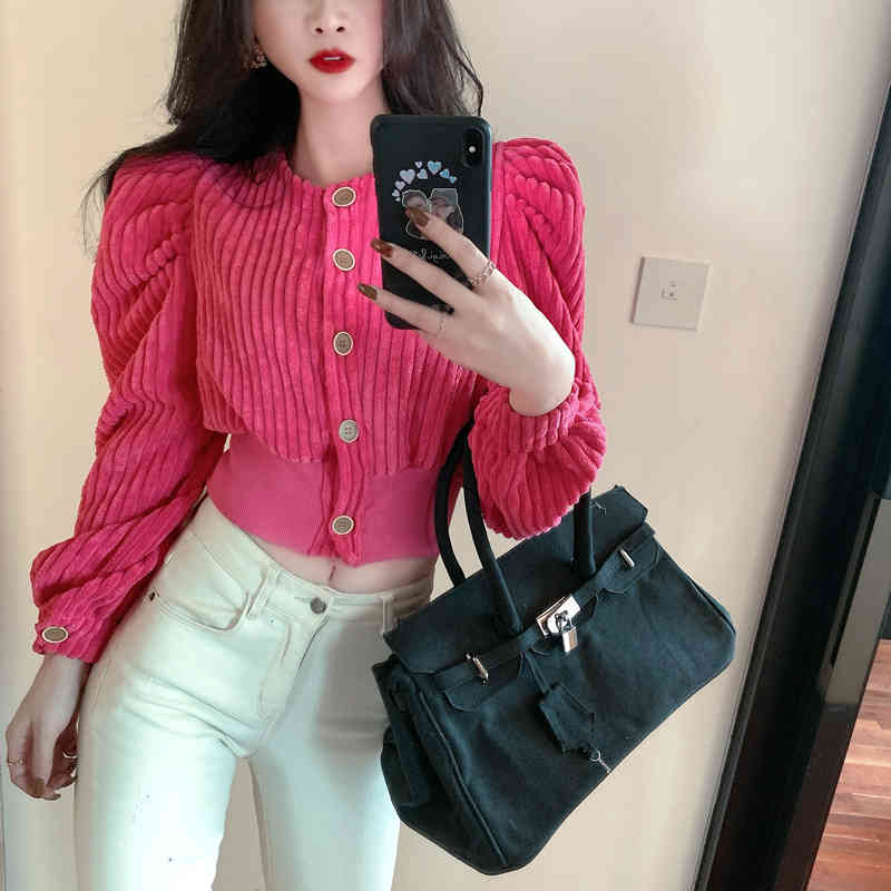 Spring Women Fashion Solid Color Corduroy Round Neck Single Breasted Long Puff Sleeve Casual Slim Short Jacket Coat Female 210519