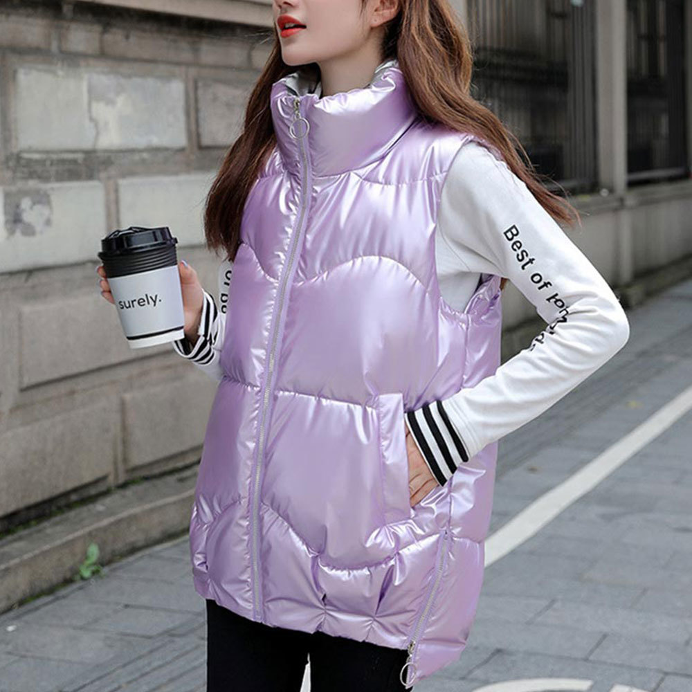 Winter Plus Size Waistcoat Korean Stand Collar Shiny Sleeveless Vests Casual Down Coat Cotton Padded Thick Outwear 210428