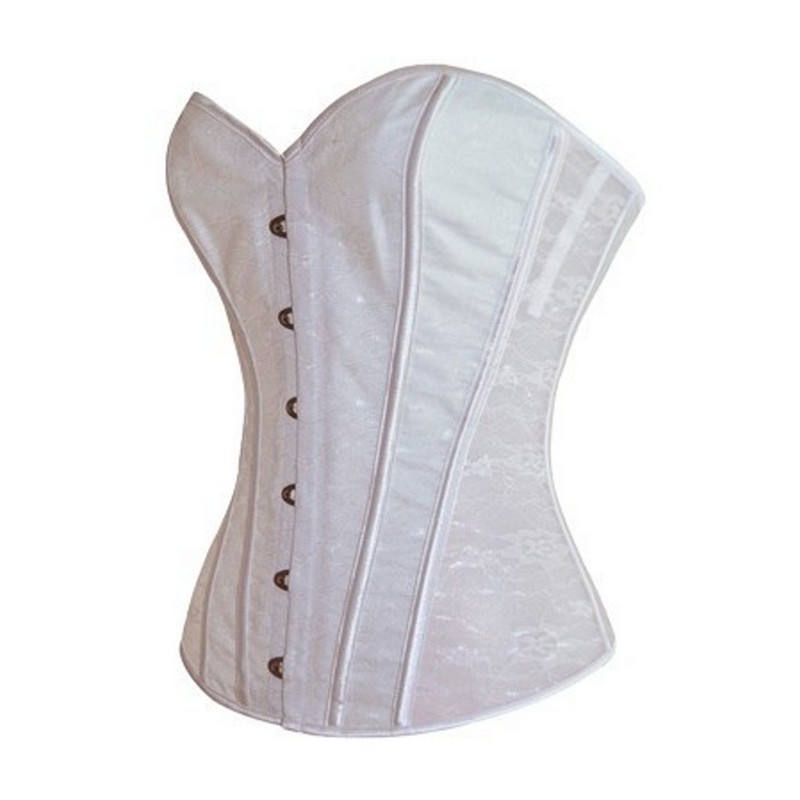 Women Lace and Mesh Overbust Lace-up Bustier Corset Fashion Steampunk Gothic Corselet Plastic Boned XS-3XL White Bridal Gorset