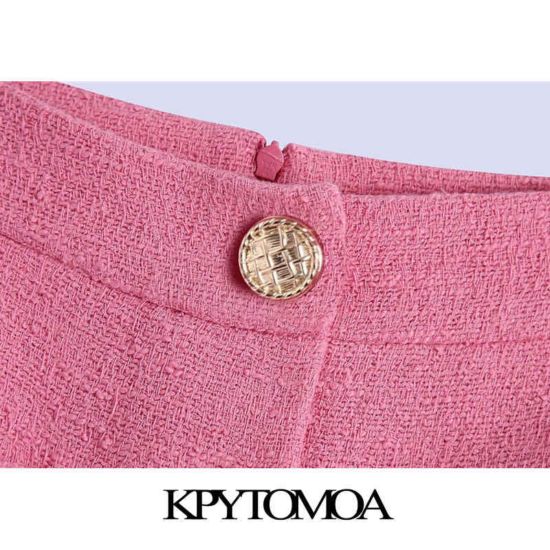 Women Chic Fashion With Buttons Front Slit Tweed Midi Skirt Vintage High Waist Back Zipper Female Skirts Mujer 210416