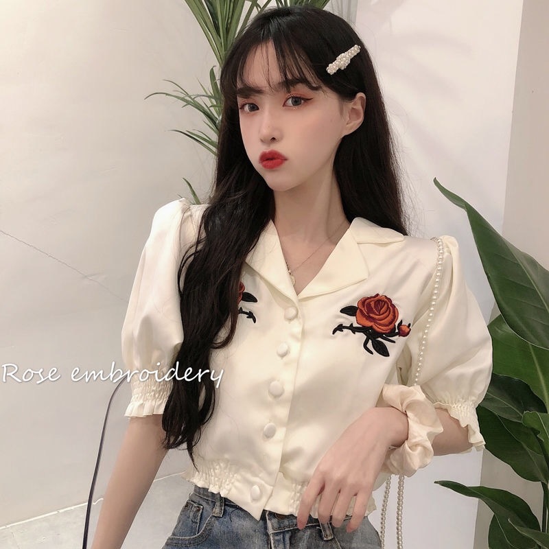 vintage rose flower embroidery white short puff sleeve single breasted casual daily shirt woman young blouse blusen damen 210421