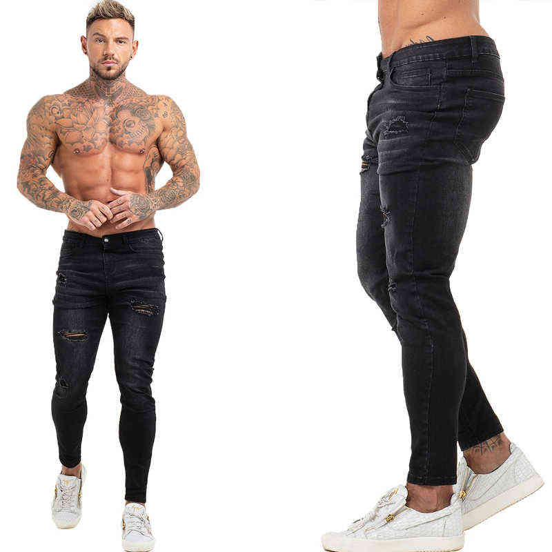 GINGTTO Jeans for Men Pants Elastic Waist Skinny Mens Stretch Ripped Streetwear Denim Blue 211111