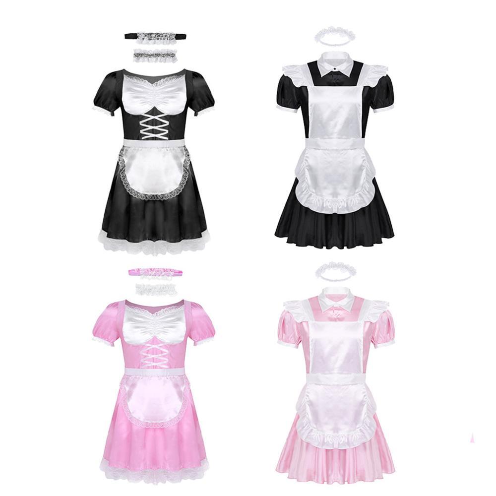 iiniim Mens Sissy French Maid Uniform Fancy Dress Sexy Funny Costumes Clubwear Parties Satin Dress with Choker and Headband L0407