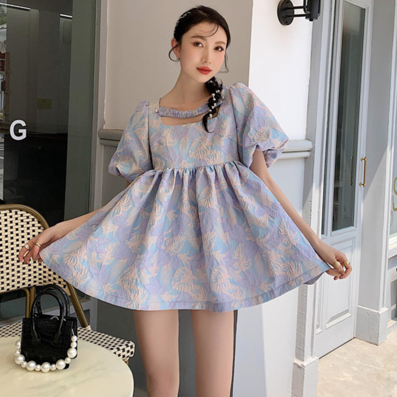 Women Dress Puff Sleeve Square Collar Printing A-line Sweet Female Termperament Fashion Summer 2H284 210526