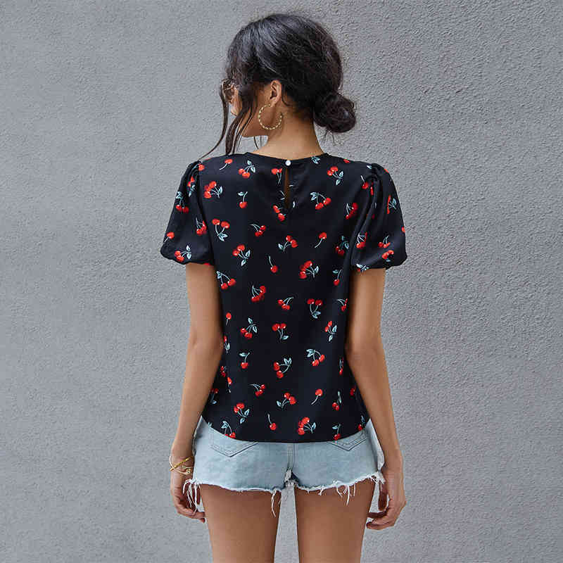 Cute Cherry Print Puffy Sleeve Top T Shirts for Women Kawaii Solid Black O Neck Short Sleeve Cherry Tshirt Plus Size 210406