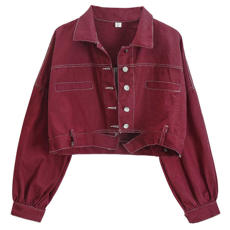 Perhaps U Wine White Yellow Short Thin Denim Jacket Button Lantern Long Sleeves…