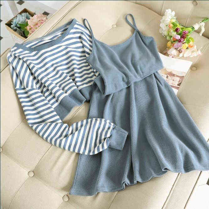 Striped sweater + suspender skirt two-piece set Korean casual student girl suit sets for women clothing 211106