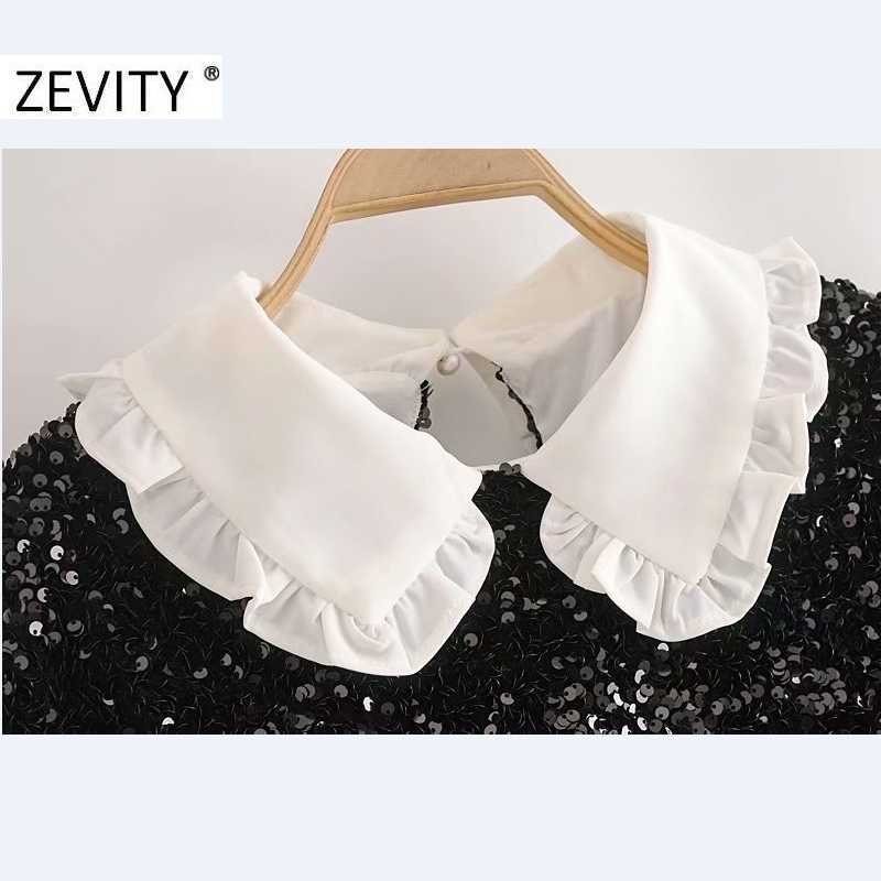 Zevity High Street Women Sweet Ruffles Peter Pan Collar Patchwork Sequins Mini Dress Female Black Velvet Casual Vestidos DS4583 210603
