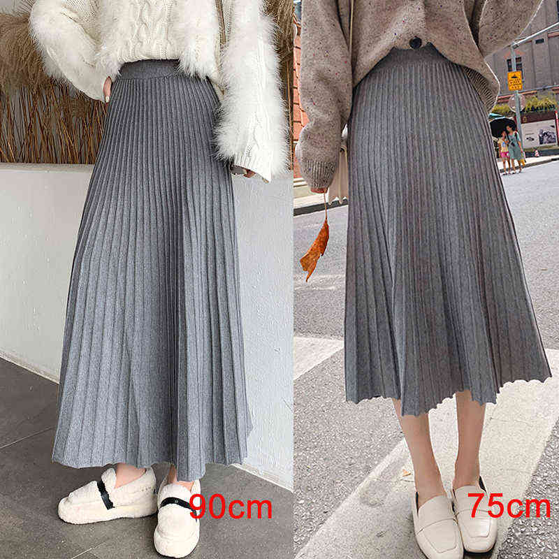 Winter Thickened Rib Knitted Large Swing Maxi Long Skirts Elegant Solid A-line Pleated Ankle Length Knit Skirts Coffree Beige 211119
