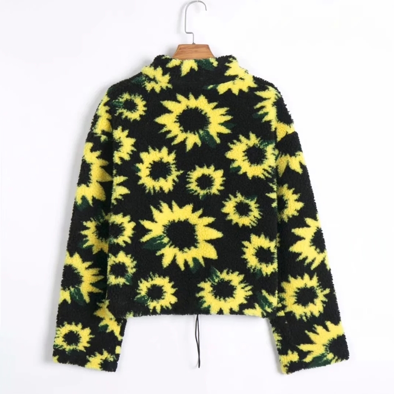 Women Sunflower Print Half Zip Fleece Sweatshirt With Drawstring Hem 210512