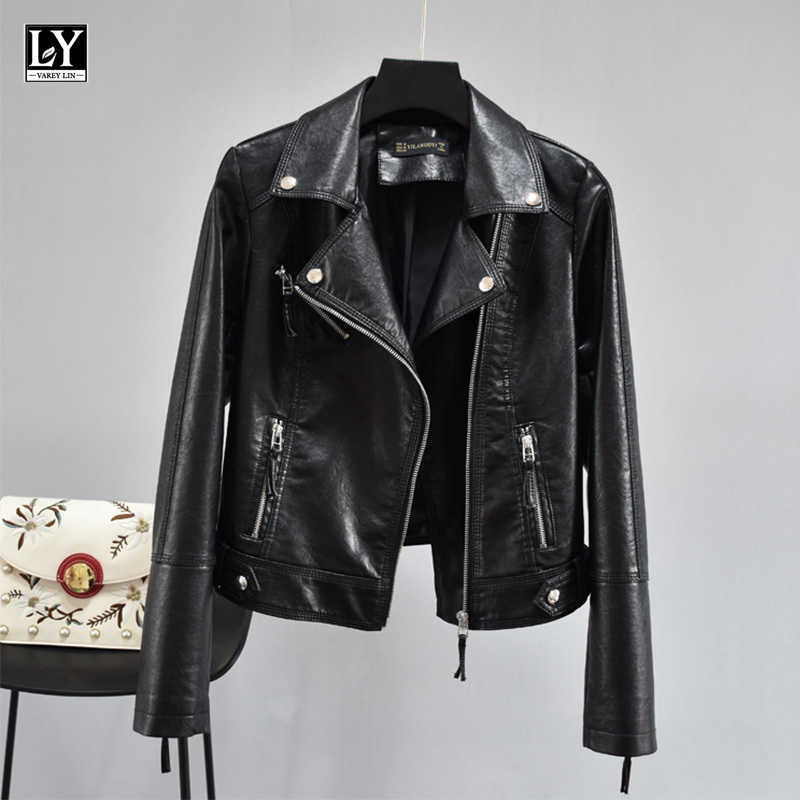 LY VAREY LIN Spring Autumn Women Biker Jacket Pu Faux Soft Leather Motorcycle Zipper Streetwear Multicolor Female Coats 210526