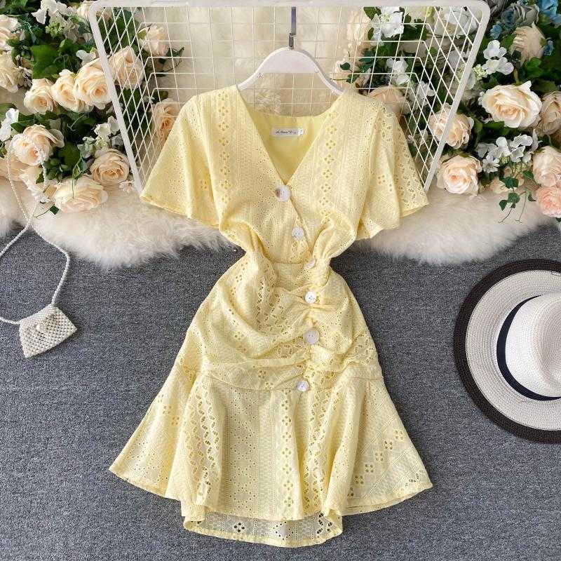 Purple Dress Female Clothing Women V-neck Breasted Slim Short Sleeve Elegant Vestidos M012 210527