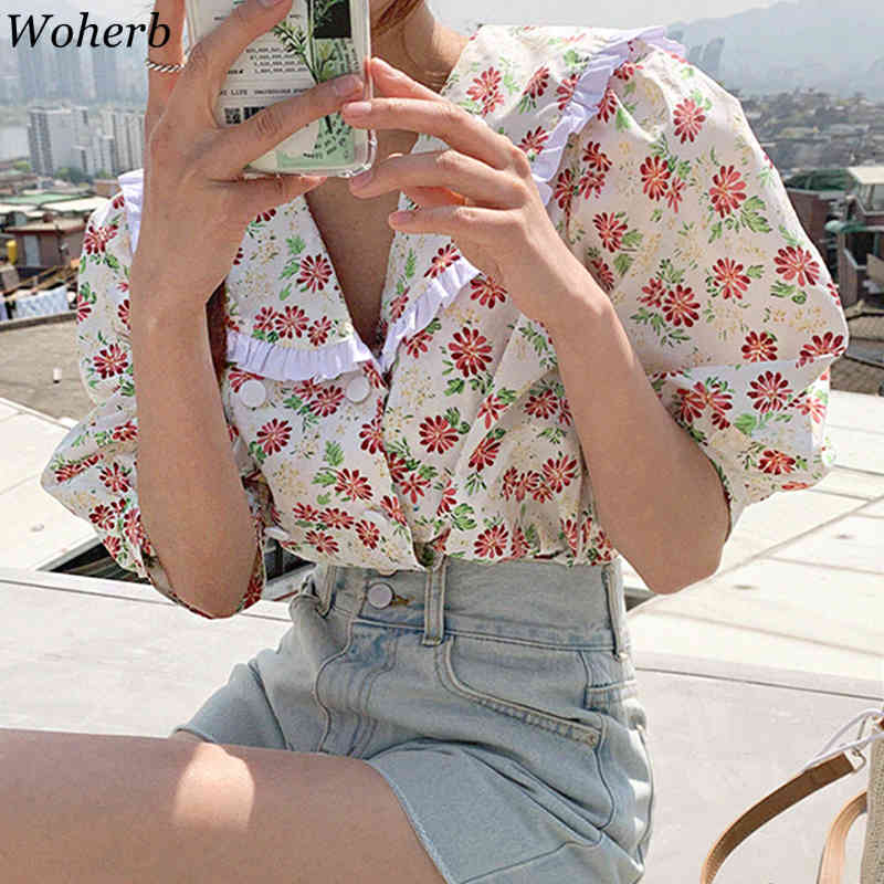 Korean Chic Women Shirt Tops Summer Short Sleeve Turn-down Collar Floral Blouses Office Ladies Stylish Blusas 210519