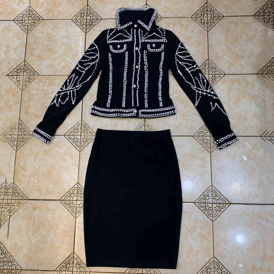 Free Women's Black Bandage Dress Set Elegant Lapel Long Sleeve Pearl Beaded Jacket & Tight Skirt Two-piece 210524