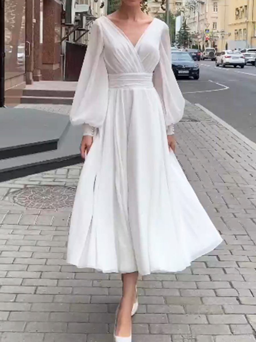 Women Dress Temperament Party es V Neck Backless Lantern Sleeve Maxi High Waist Large Hem Plus Size es 210524