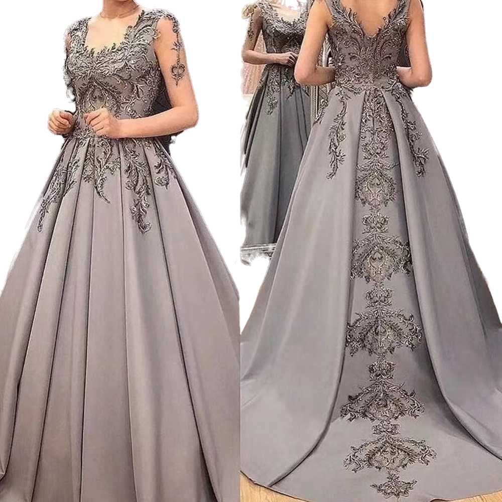 Gray A-Line Evening Dresses 2022 Women Formal Party Gowns Night Robe De Soiree Elegant Lace Appliques Transparent Long Sleeves Prom Dress Special Occa