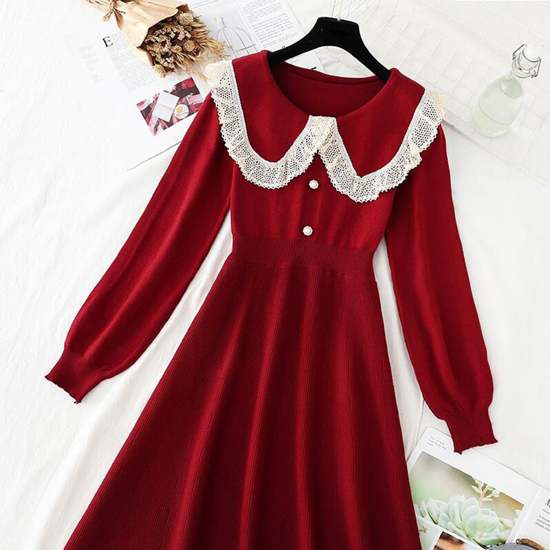 Elegant Women Red Knitted Dress Spring Autumn Doll collar Solid Long Sleeve Sweater Vestidos Office Lady Midi Dress 210521