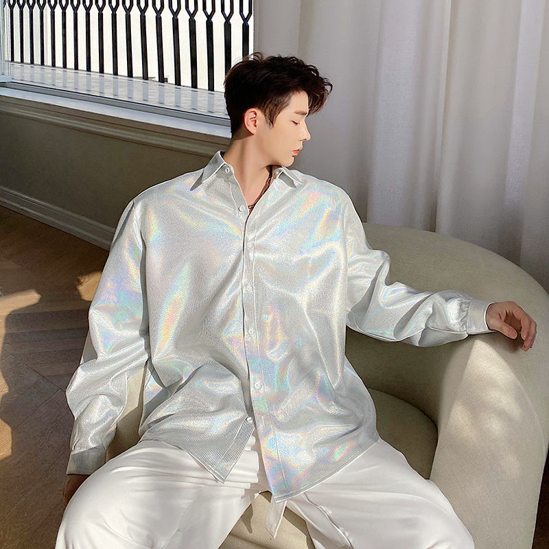 IEFB Spring Clothing Oversized Long Sleeve Korean Streetwear Men's Shirt Lapel Shiny Fabric Trend Tops Blue Clothes 9Y5776 210524