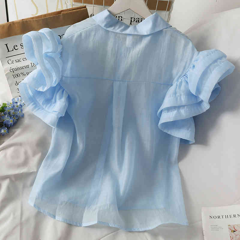 Korean Elegant Women See Through Blouses Tops Summer Puff Sleeve Chiffon Shirt Vintage Office Ladies Blusas Mujer 210519