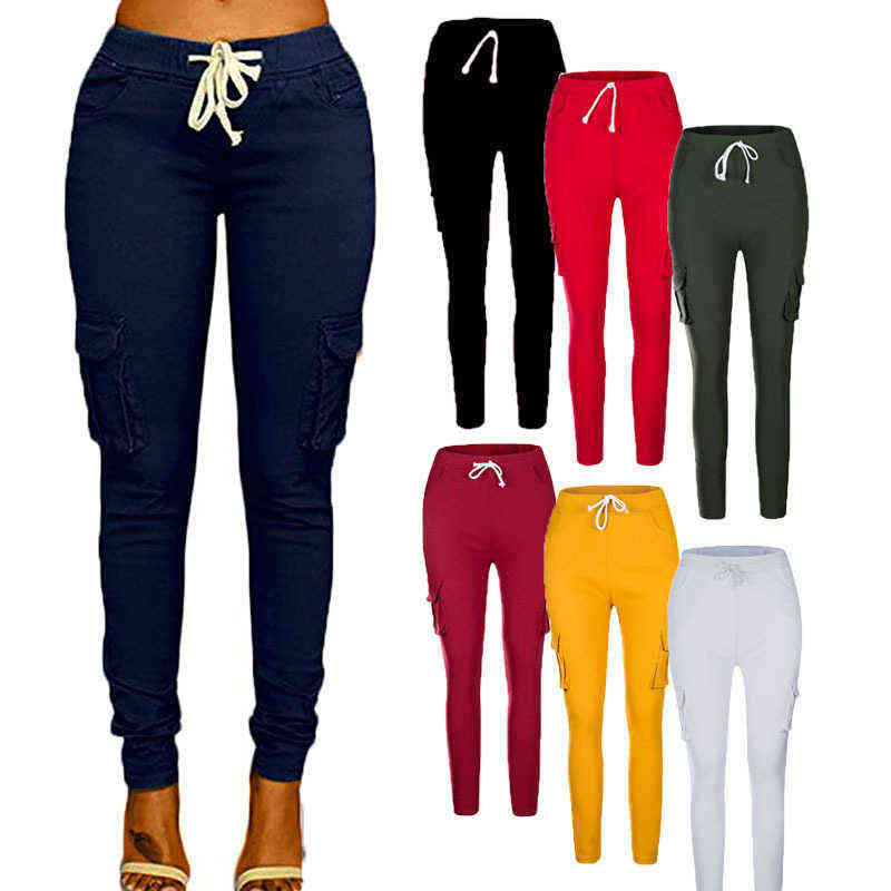 Ogilvy Mather Spring Lace Up Waist Casual Women Pants Solid Pencil MultiPockets Straight Slim Fit Trousers S2XL 211124Z