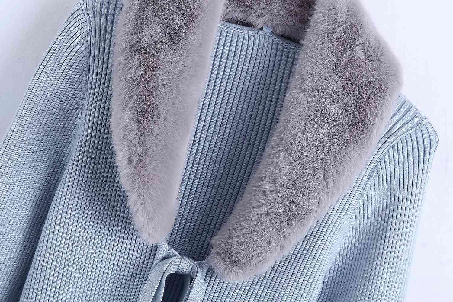 Vantage fur collar cardigan women crop sweater long sleeve thick korean casual bow blue knitted 210521