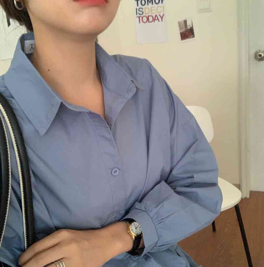 Blue Solid All Match Streetwear Clothe Fashion High Waist Casual OL Girls Tops Oversize Chic Loose Femme Shirts 210421