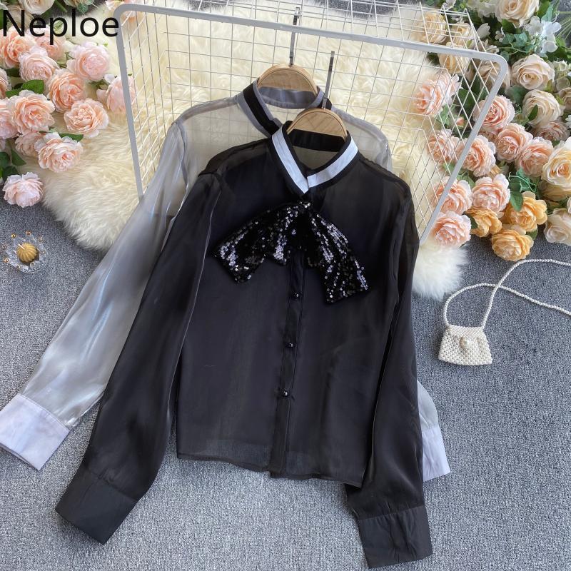 Neploe Spring Elegant Women Blouses Chic Sequined Bow Tie Shirt See Through Office Lady Tops Blusas Mujer Korean Fashion Clothes 210422