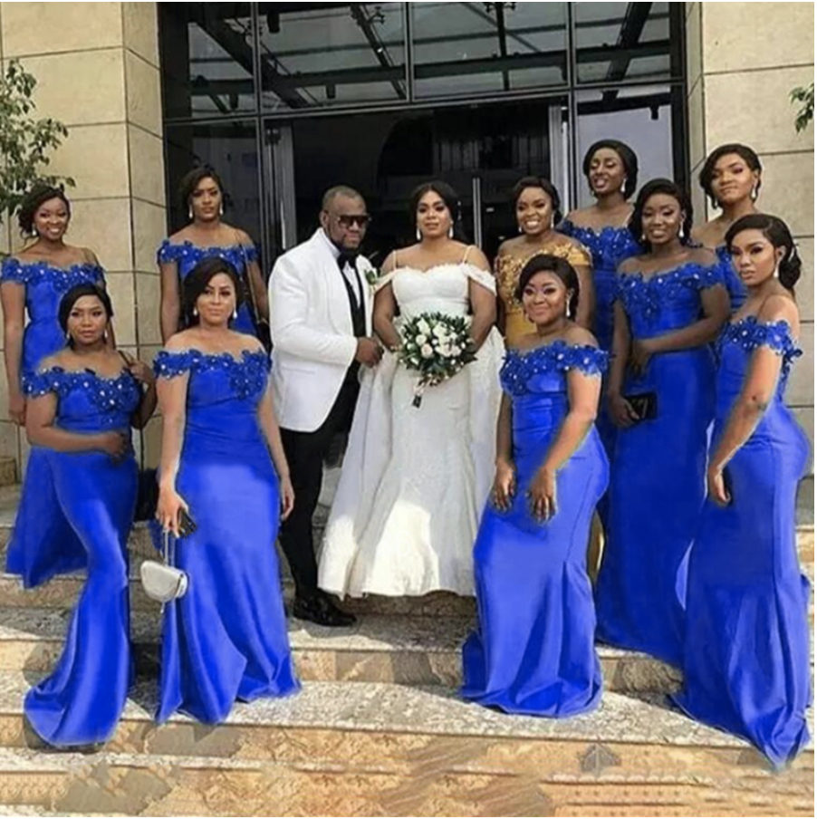 2021 Royal Blue Mermaid Bridesmaid Dresses With Appliques Beads Vestidos Long Off Shoulder Formal Wedding Guest Dress Party Gown