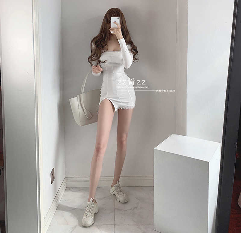 WOMENGAGA Spring Sexy Low Chest Solid Color Temperament Pack Buttock Patchwork Lace Slit Long Sleeve Square Collar Mini Dress P8 210603