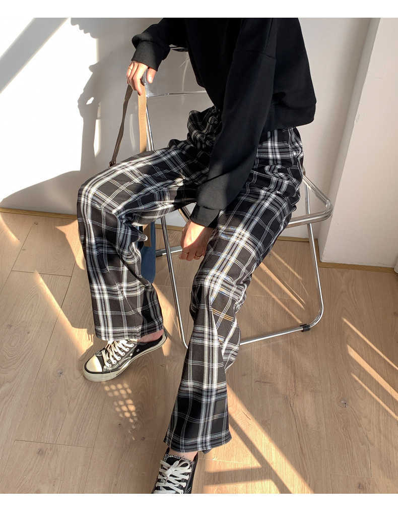 H.SA Women Spring Plaid Trousers Baggy Long Pants Lady Oversized Wide Leg Plaid Pant Casual High Waist Women Pantalon Femme 210716