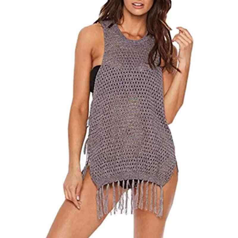 Sexy Bathing Suit Cover ups Bandage Knitted Beach Tunic Pareos Dress Crochet Swimsuit wear #Q239 210420