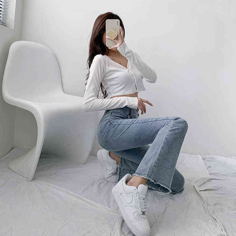 Jeans Women Solid Blue Sexy Slimhigh Waist Jean Simple Ladies Full Length Mom Cowboy Denim Flared Pants Mujer Autumn 211129