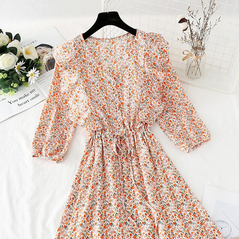 Small Fresh Floral Dress Summer Short Sleeve Elegant Ladies V-neck Chiffon Long Dress Party Vestidos Sweet Woman Clothes 210521