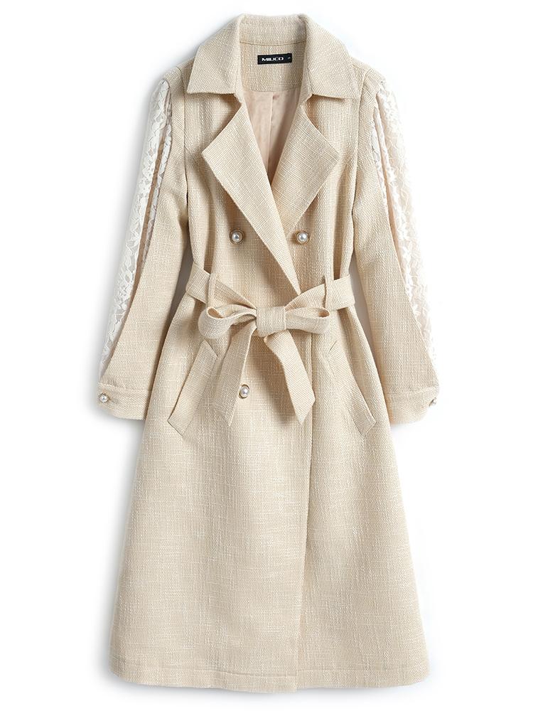 Fashion Atmosphere Lapel Double-breasted Close Tied With Belt Splicing Elegant Lace Sleeve Trench Coat The Winter 2021 Women's Tracksuits