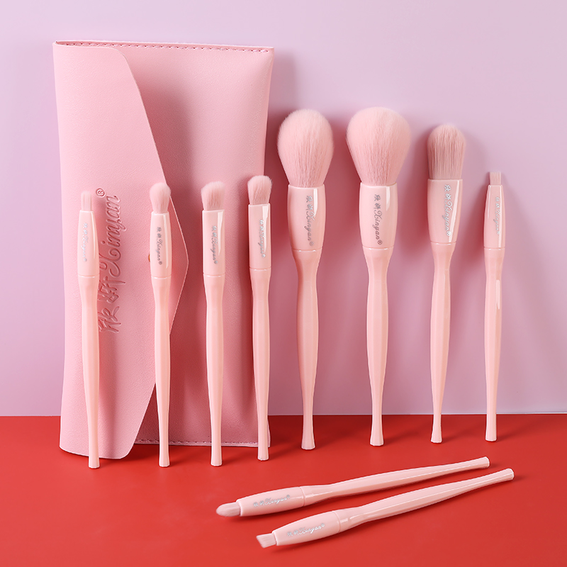 10pcs Florescent affordable Acrylic pink no logo cosmetic makeup brush set with bag