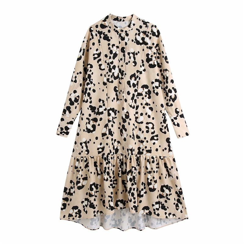 Evfer Women Vintage Leopard Pirnt Hm Autumn Loose Long Dresses Female Casual Sleeve O-Neck High Waist Sprint Shirt Dress 210421