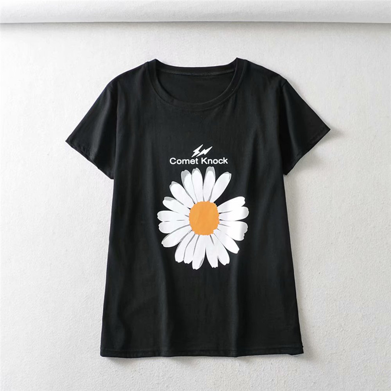 Women Casual White Summer Cotton Tshirts Female Fashion Flower Print Short Sleeve Black Couple T-Shirt Tops mujer camisetas 210421