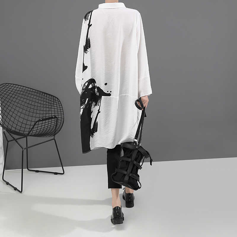 Korean Style Woman Long Sleeve White Print Shirt Dress Painting Plus Size Straight Girls Casual Midi Dress Loose Robe Femme 5459 210630