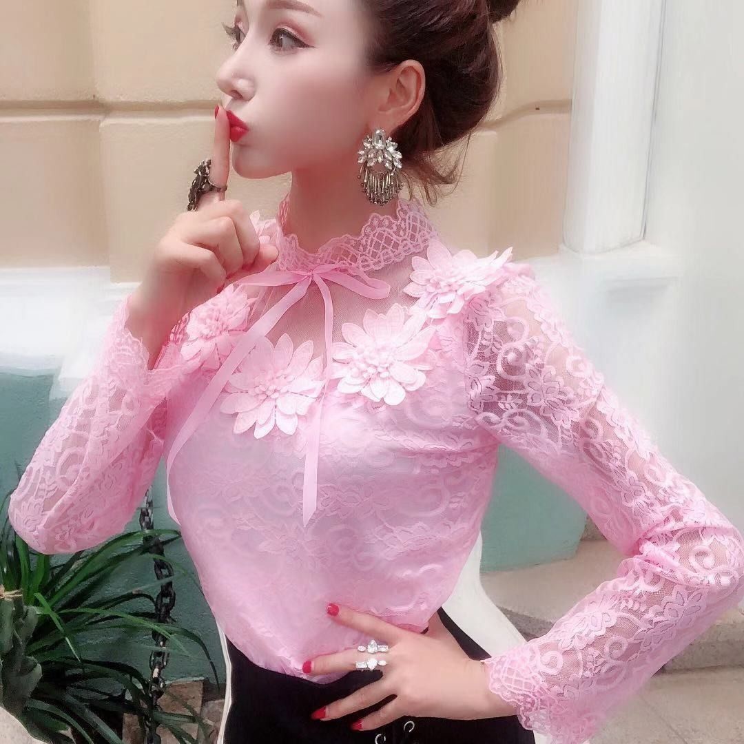 Spring Autumn Korea Fashion Sexy Hollow Out Long Sleeve Sweet Women Shirts All-match Casual Floral Lace Blouse Female Tops D188 210512