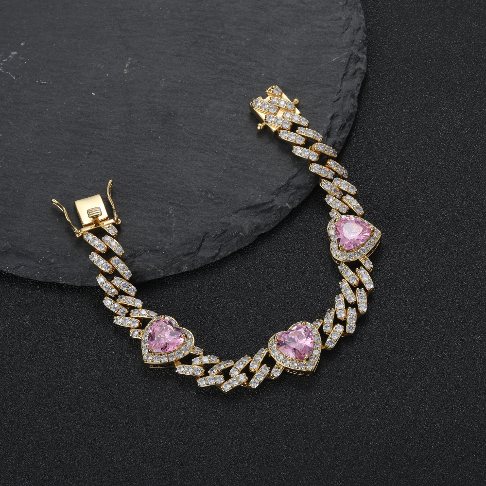 10mm Love Heart Charm Bling Cuban Chain Bracelet Pink Iced Out Cubic Zirconia Brass CZ Stone Hip Hop Luxury Jewelry for Women Punk Party Lover Gifts W