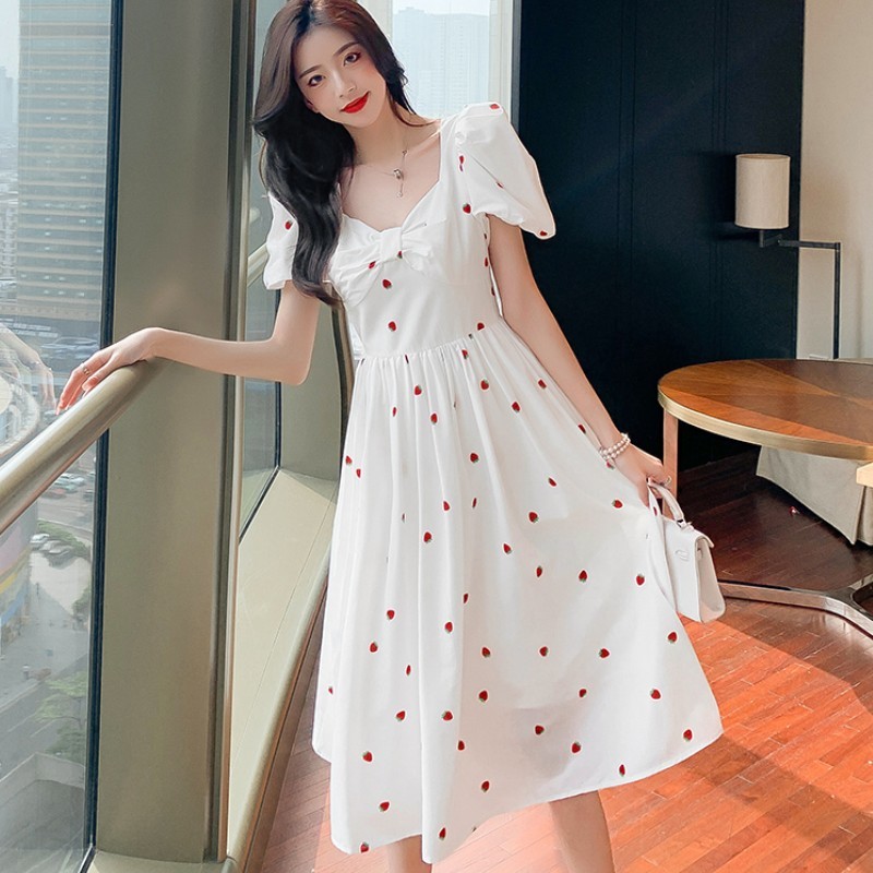 Summer Fairy Dress Women Vintage Elegant Square Collar Puff Sleeve Sweet Strawberry White High Wiast Slim 210519